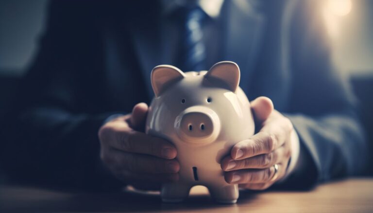 Businessman holding piggy bank representing savings growth